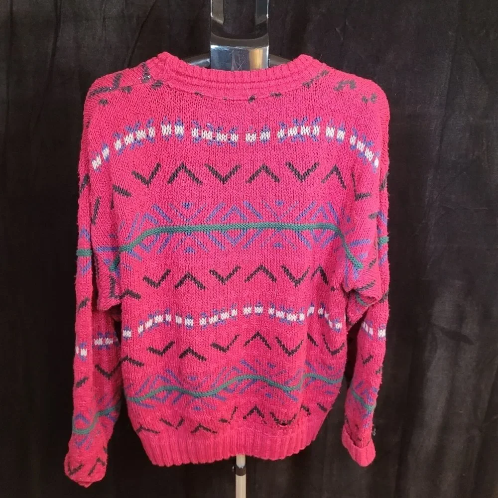Red and Black Crewneck Sweater with Geometric Patterns